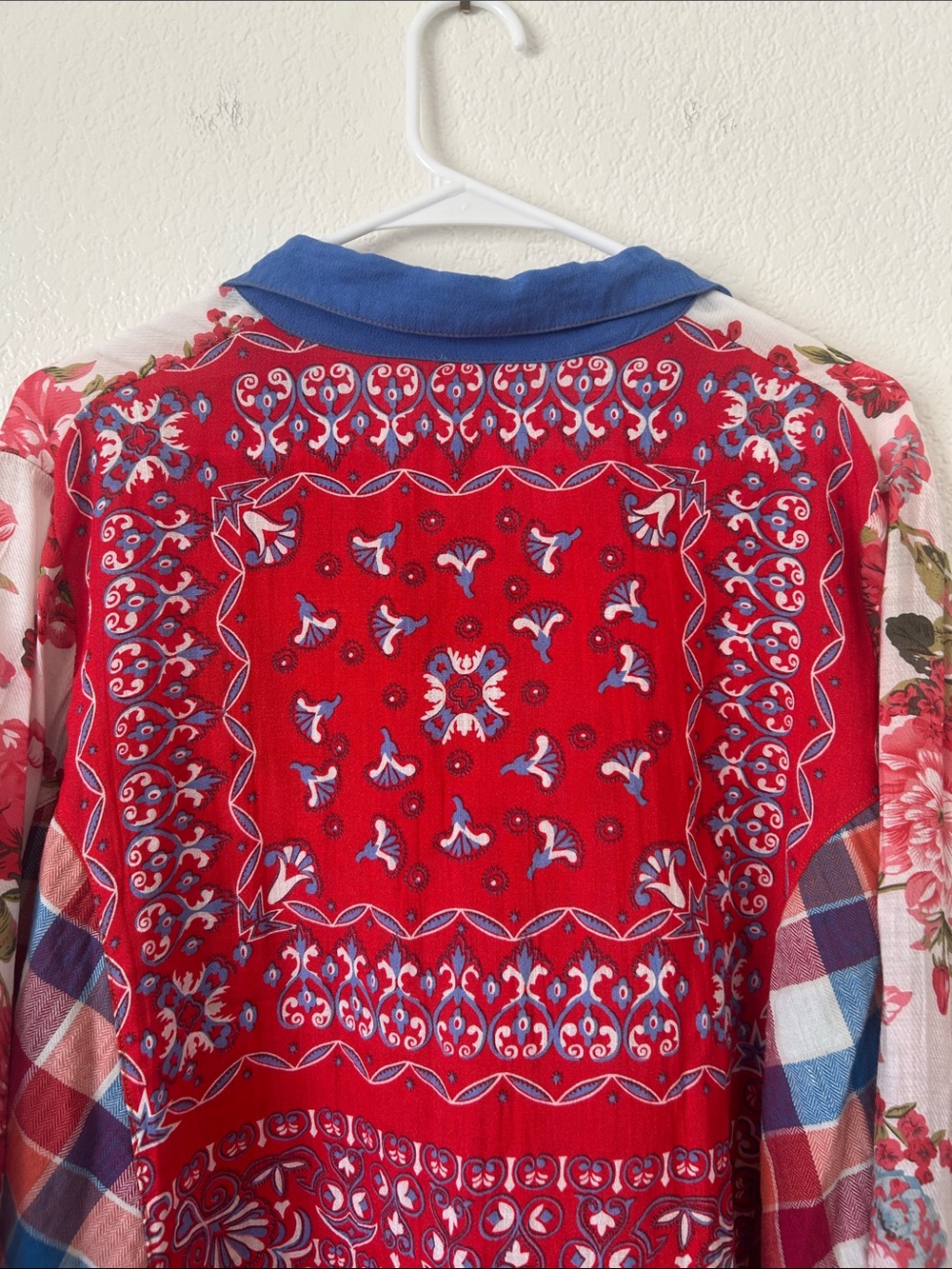 Mixed-Print Floral & Plaid Button-Up Blouse - Red/Blue - Picture 8 of 10